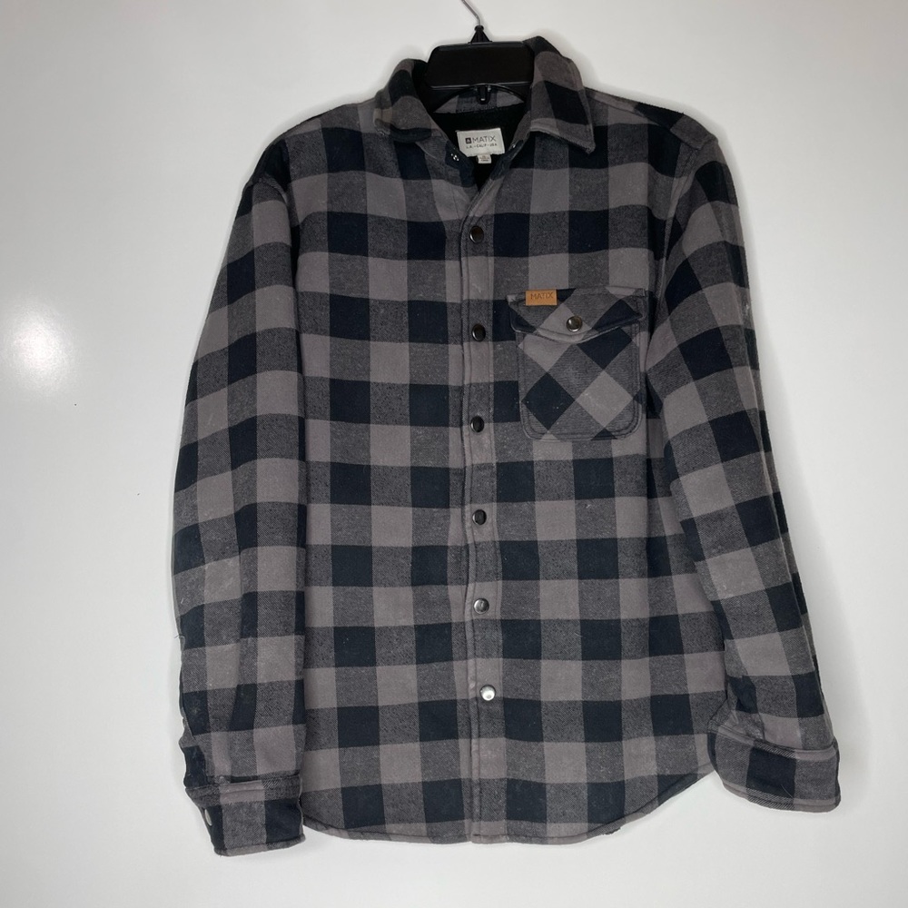 Matix Plaid Fleece Flannel Shirt Jacket Shacket Mens Size S Black Sherpa Lined.